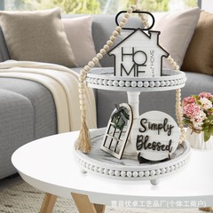 现货木质蛋糕托盘下午茶甜品架茶几桌面水果盘双层木珠托盘展示架
