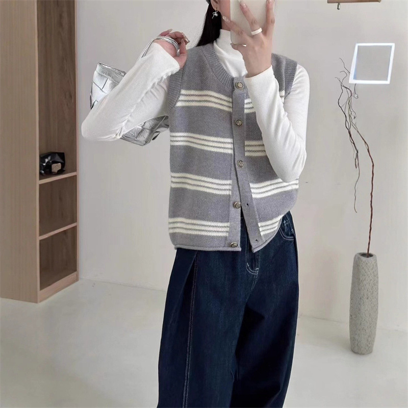 Cardigan de punto a rayas chaleco de mujer 2025 primavera y otoño suéter de hombro suéter chaleco chaleco