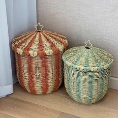 藤编收纳筐带盖马戏团收纳卧室床底收纳篮儿童房装饰玩具收纳篮