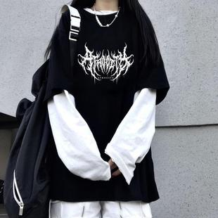2025 Summer New Cross-Border Letter Printed Pullover Top Korean Style Loose Fake Two-Piece Long-Sleeved T-Shirt for Women