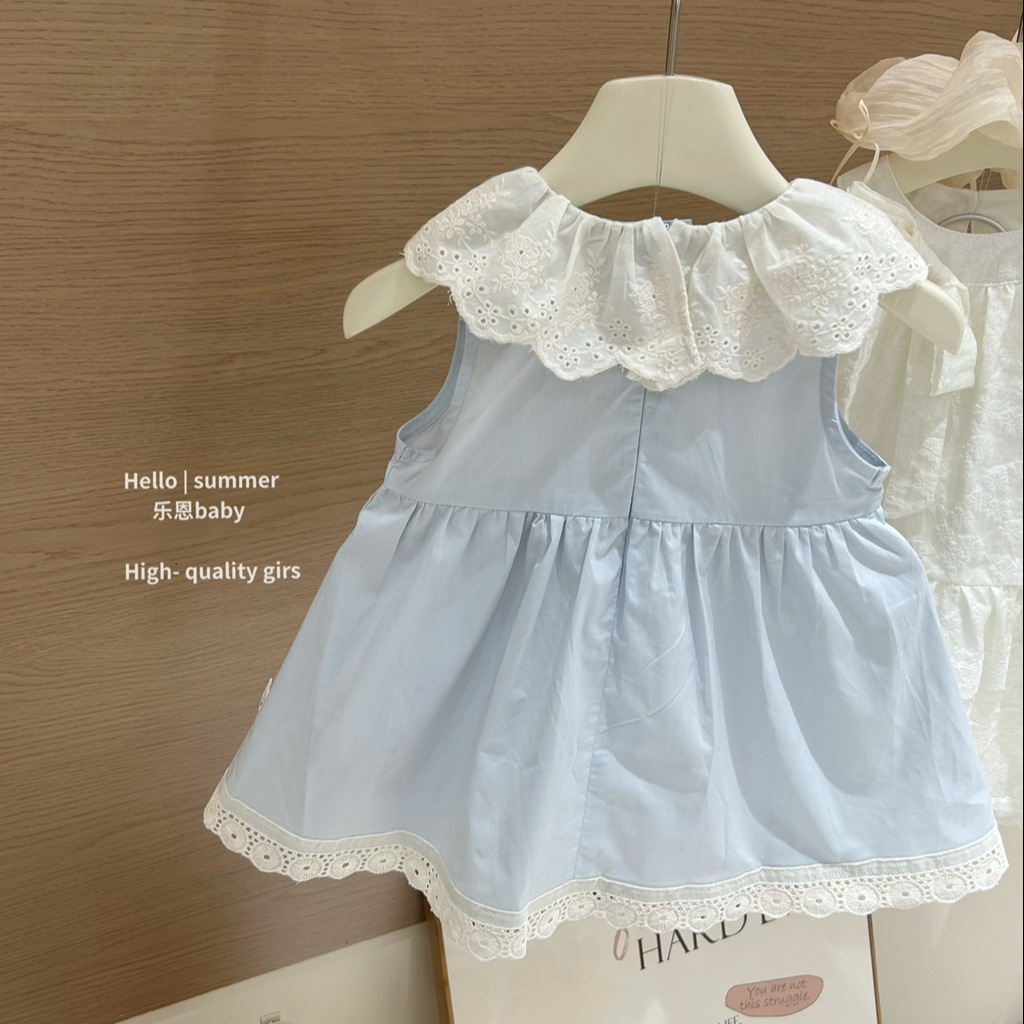 [Lenbaby] verano 2025 niñas vestido de muñeca de cuello de encaje azul vestido de princesa de bebé
