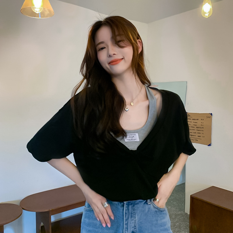 Women's T-shirt Off Shoulder Bubble Sleeve Colour Blocking Top_voghion.com
