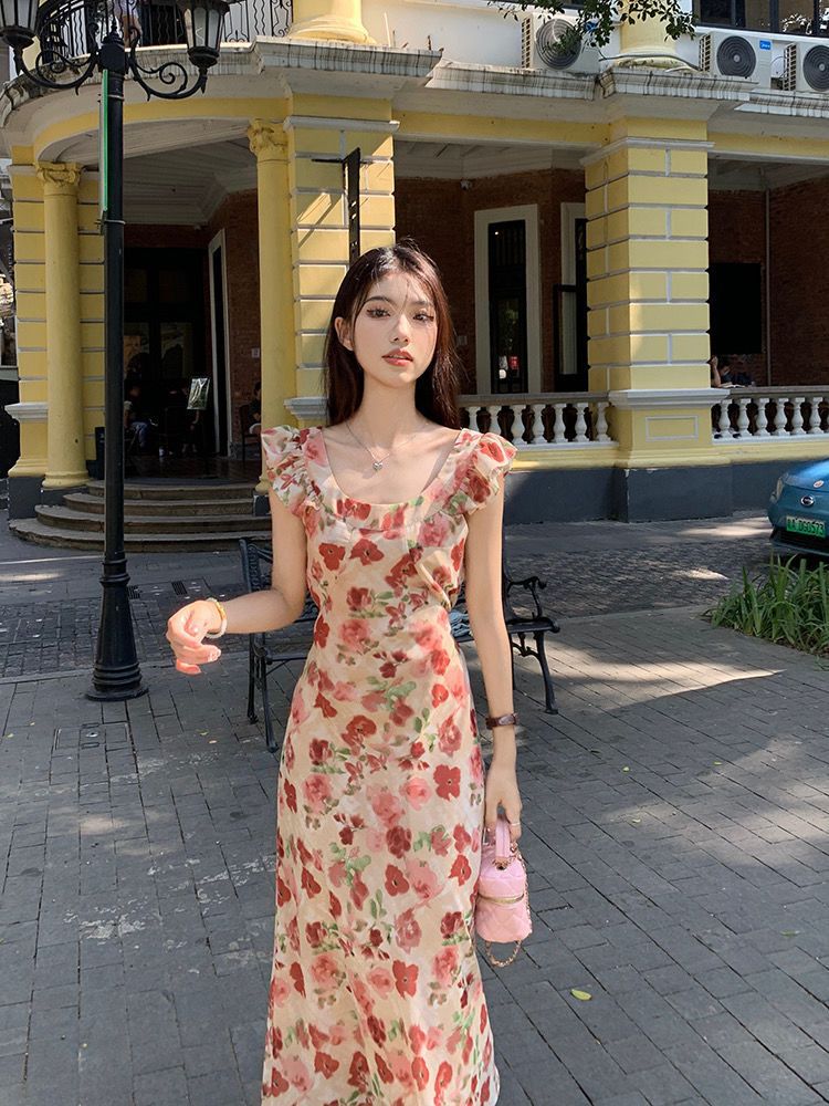 Váy liền thân nữ họa tiết hoa, tay ngắn, lưng trần, eo thon, dài trung bình — đen chi tiết 11