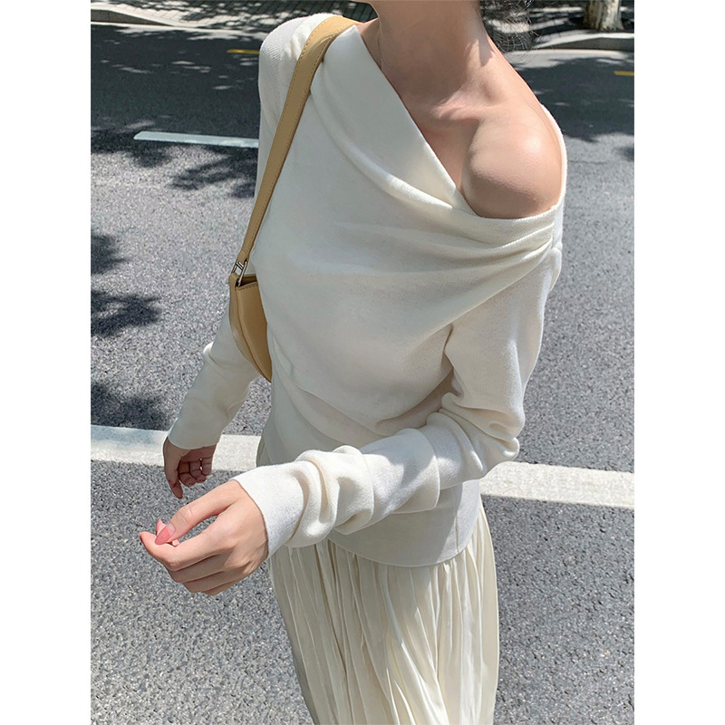 SYT小露香肩 一字领针织衫女秋季荡领显瘦复古T恤斜切领长袖上衣|undefined