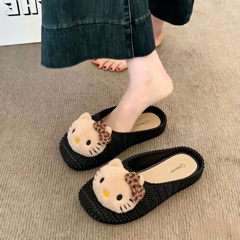 Cute Cat-Shaped Closed-Toe Gentle Slippers, Woven Women's Outdoor 2026 Summer New Style Decorative Slip-On Non-Slip Mules for Adults