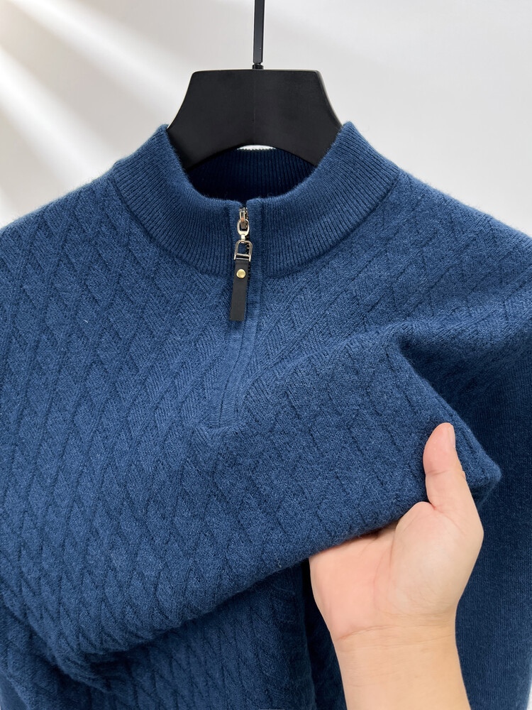 Camisas de punto Amazon primavera y otoño nuevos hombres de cuello medio alto con cremallera de manga larga de color sólido suéter de hombre