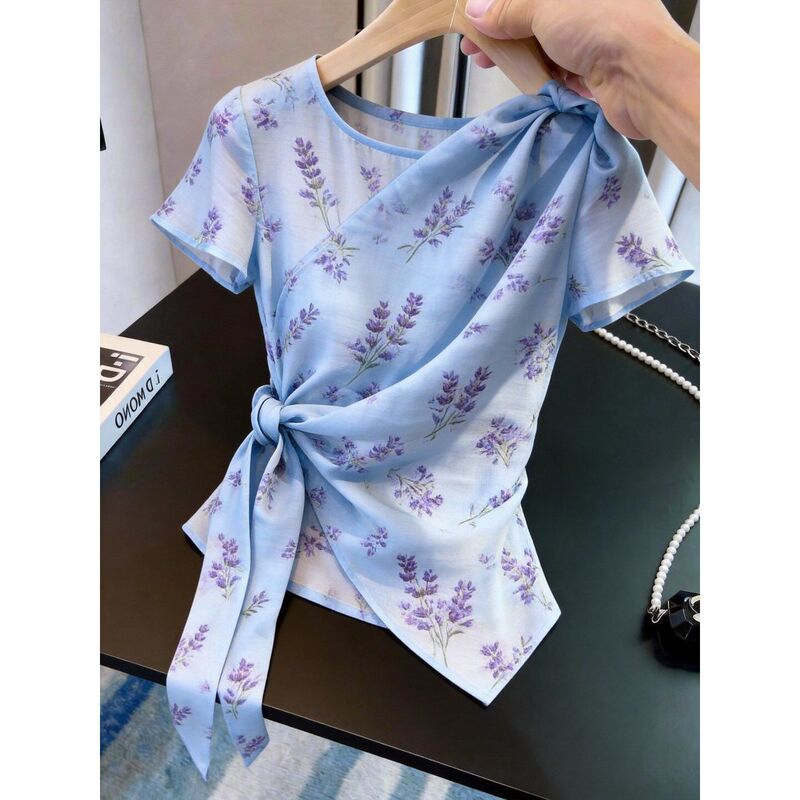 Gentle Floral Print Mesh Short-Sleeved T-Shirt for Women, New Summer Style, Twist-Tie Short Style, Super Fairy-Like and Beautiful Top