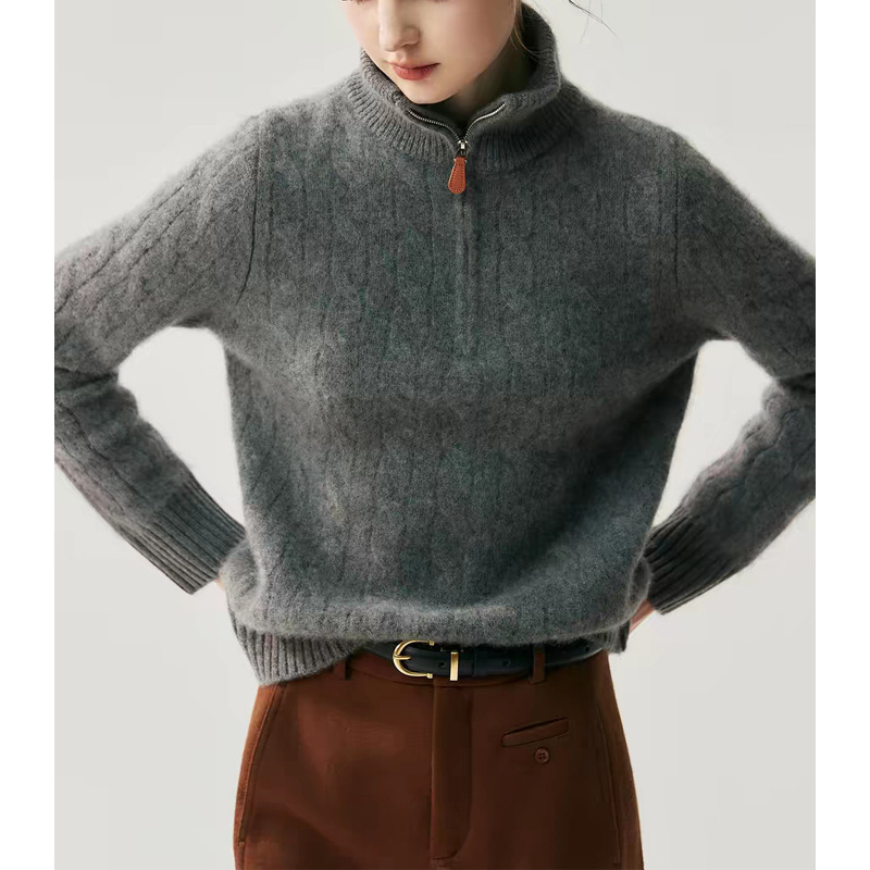 Old Money Style Thick Cashmere Sweater for Women, Half-Zip Loose Wool Knitwear