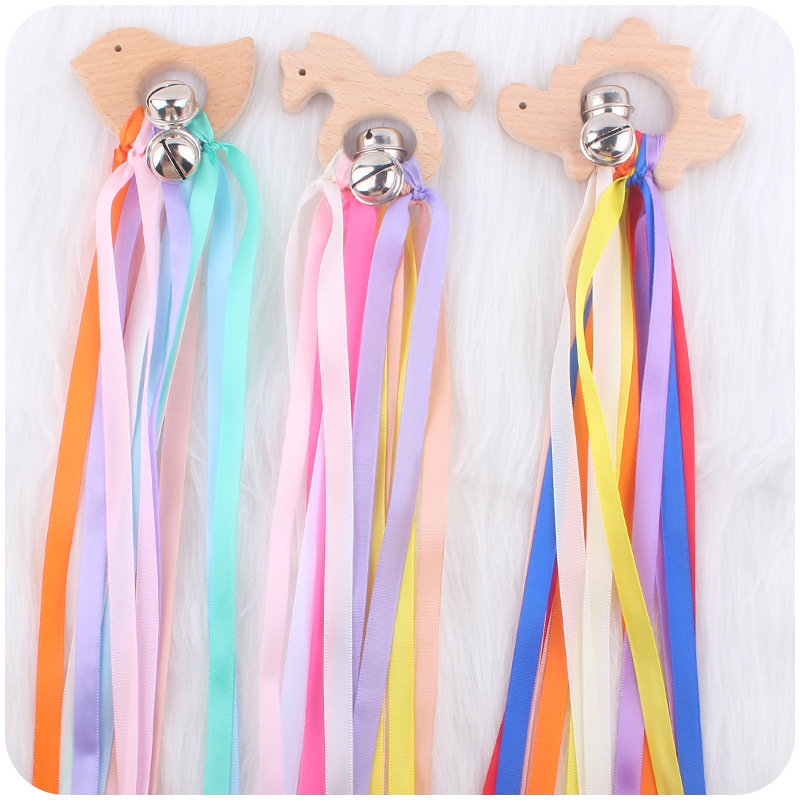 Suministros para bebés de dibujos animados animal anillo de madera mordedor bebé creativo sacudiendo Bell cinta calmante sonajero juguete