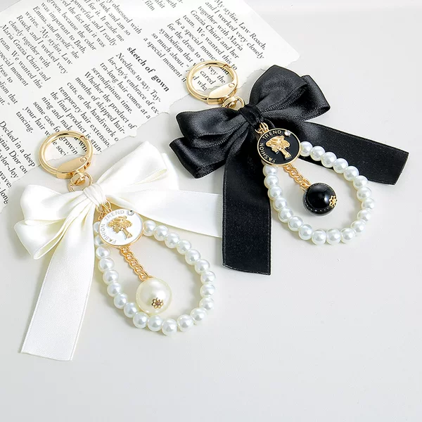 Korean Style Chanel Style Big Bow Tie Pearl String Keychain Ribbon Bag Pendant Handmade Hair Accessories Car Accessories