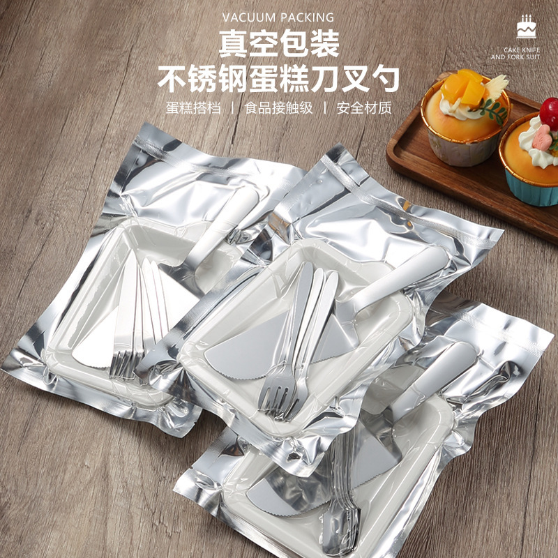 Vacuum Stainless Steel Dessert Tableware suit Birthday Cake Cutlery Plate Convenient Bag Printable Logo