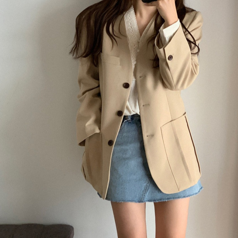 Korean Chic British Style Slim Fit V-Neck Blazer for Women 2026 Autumn and Winter Casual Waist-Cinching Small Suit for Petite Figures