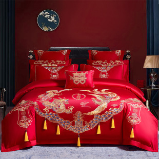 New Chinese embroidery cotton wedding multi-piece set 60 long-staple cotton wedding red festive cotton bed cover four-piece set