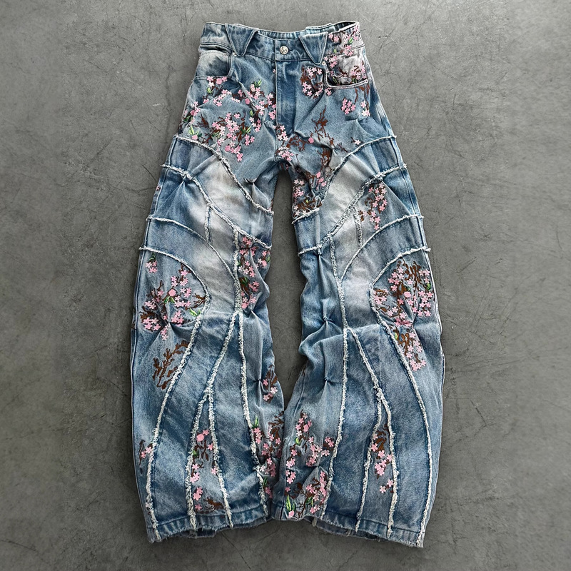 Cross-Border European and American Retro Street Fashion American-Style Frayed Edge Cherry Blossom Embroidered Jeans Y2K Loose Straight-Leg Pants for Women