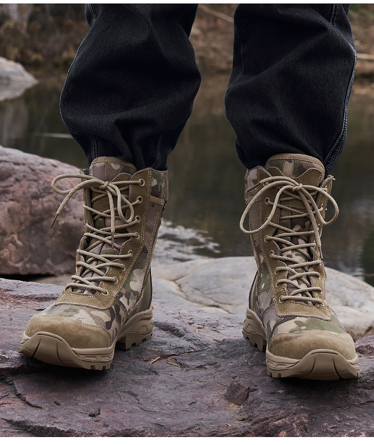 Große Kampfstiefel Mittelgroße Arbeitskleidung Outdoor-Wanderschuhe Bergsteigerschuhe Rutschfeste tragbare taktische Stiefel_voghion.com