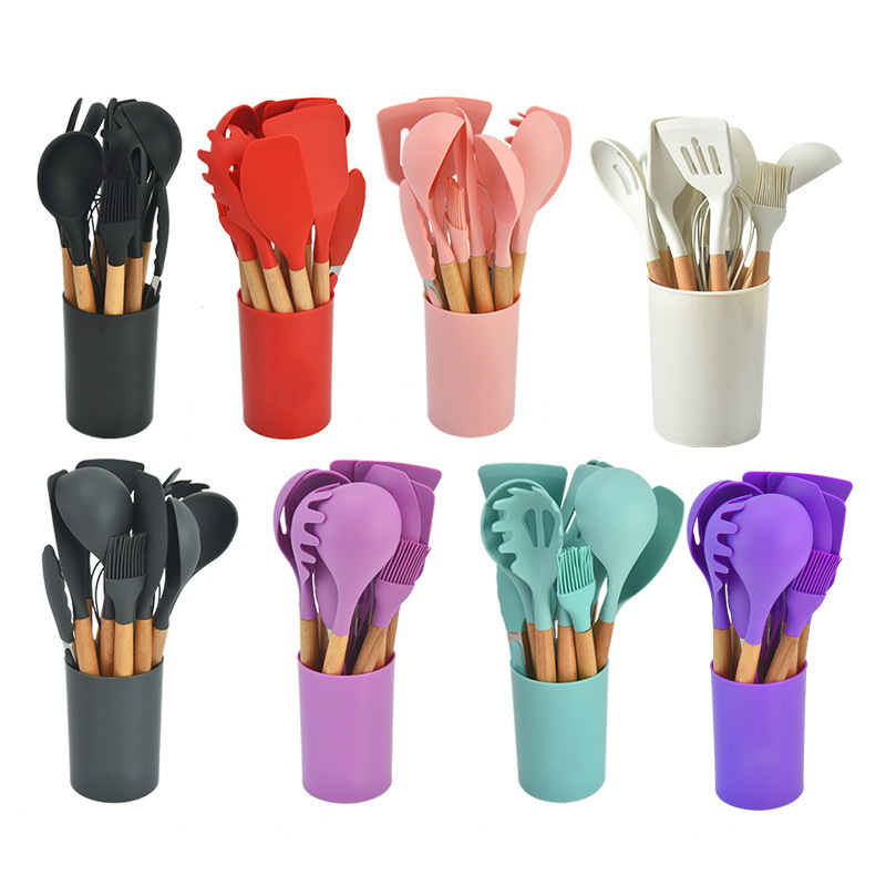 Una olla antiadherente mango de madera cocina de silicona 12 piezas set cocina barril de almacenamiento cocina de silicona 12 piezas set