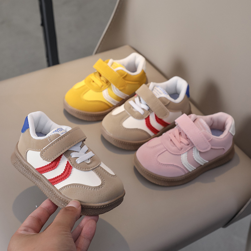 Ademende retro sneakers voor kinderen - Zachte leren casual schoenen met klittenbandsluiting - Lichtgewicht en antislip (wit/geel/roze, maten 21-30)_voghion.com