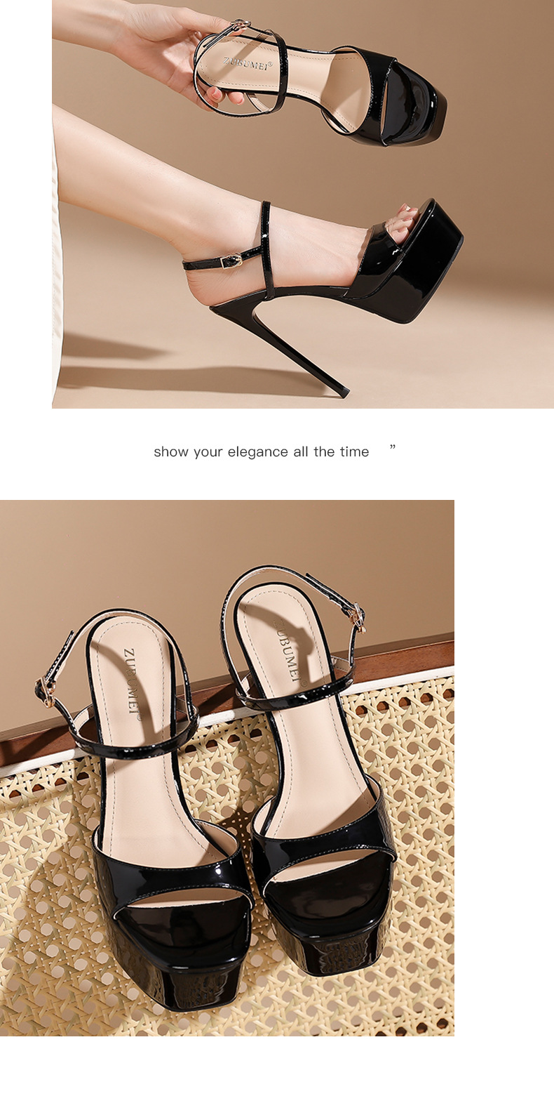 Sandal cao gót nữ mũi vuông hở mũi, gót 14 cm, đế chống thấm nước — Bột màu khỏa thân-14cm chi tiết 7