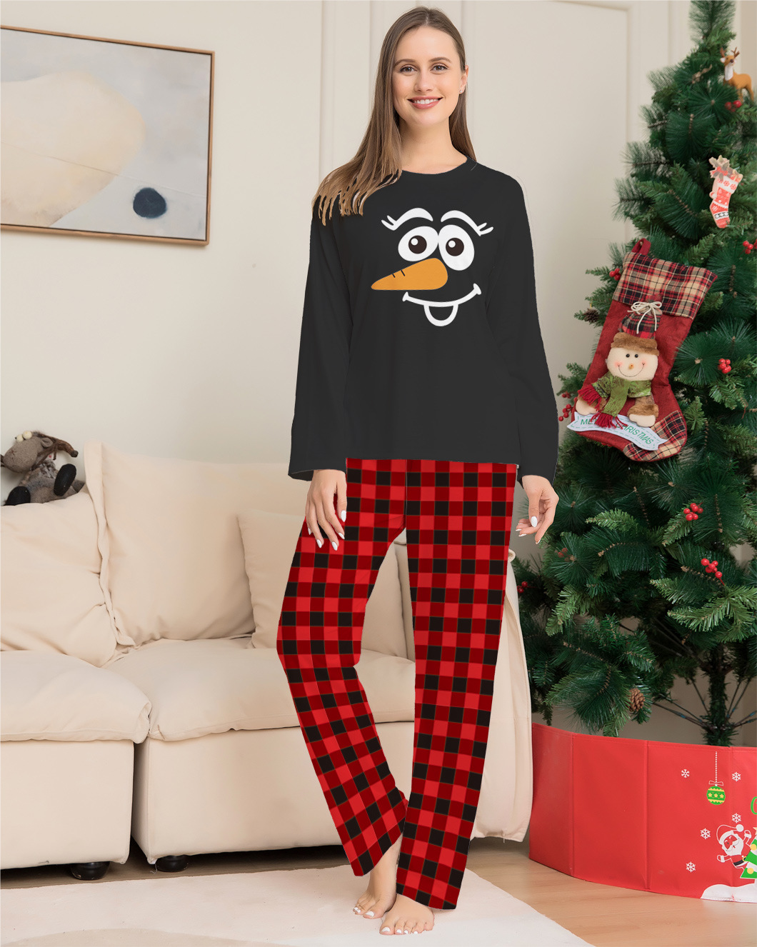 Christmas Cartoon plaid Christmas family dress printed home dress pajamas_voghion.com