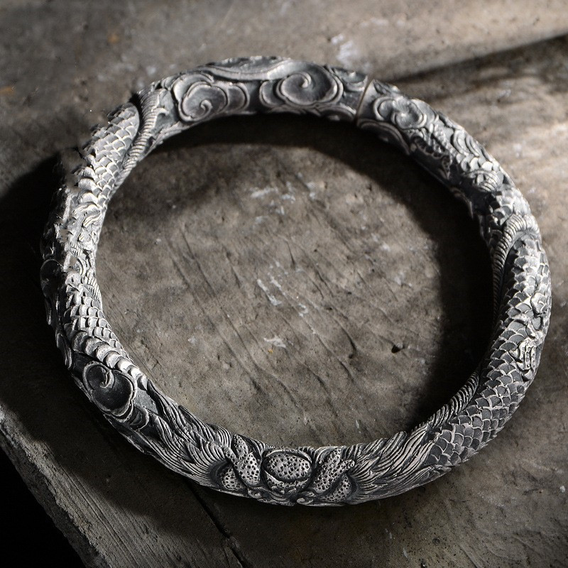 Men's Silver Bracelet Yunnan Handmade Snowflake Silver Bracelet Retro Single Dragon Head Silver Bracelet New Aggressive Bracelet Ethnic