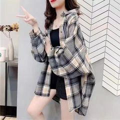 磨毛加厚毛呢格子衬衫女宽松中长款秋冬季新款港味百搭衬衣外套潮