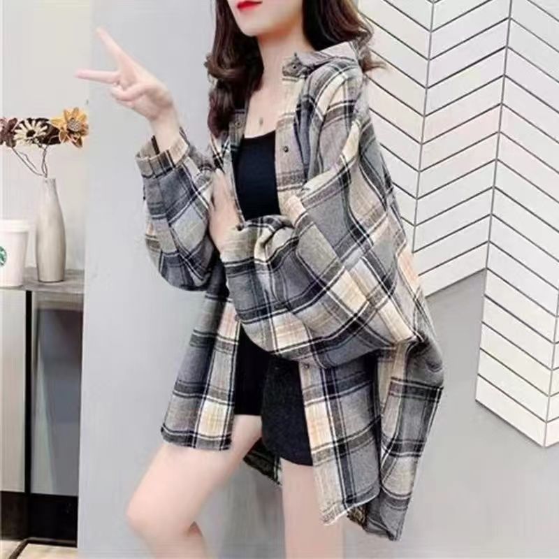 磨毛加厚毛呢格子衬衫女宽松中长款秋冬季新款港味百搭衬衣外套潮