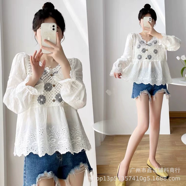 Новая рубашка с блестками и нежным стилем, женская, уменьшающая возраст, уменьшающий дизайн, уменьшающий смысл, белая маленькая рубашка с длинными рукавами, модная