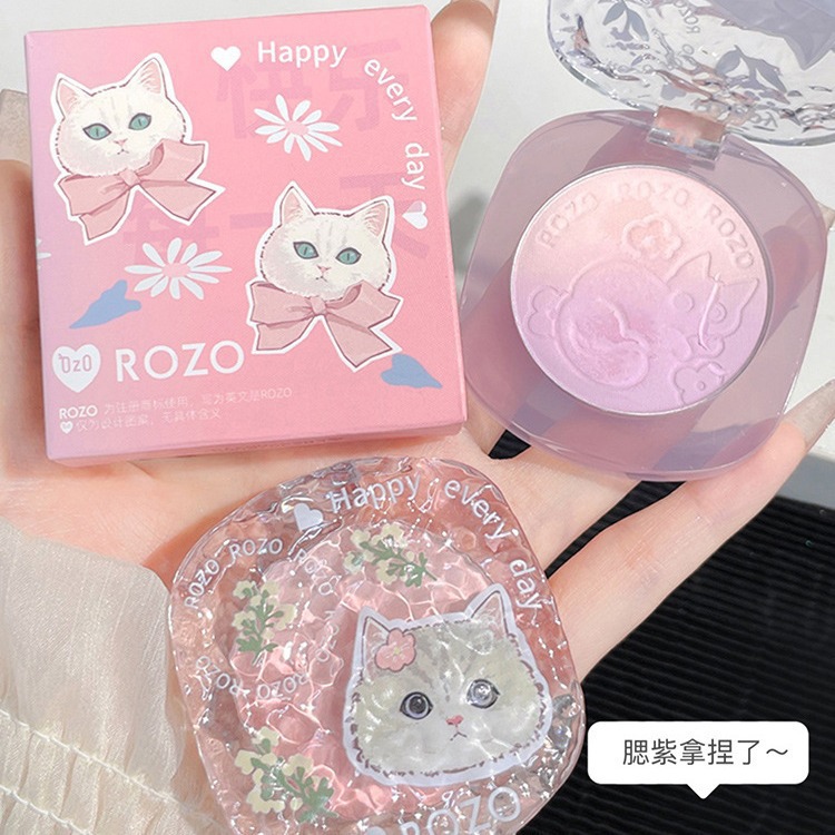 ROZO lindo y divertido maullido plato de rubor degradado de dos colores branquias moradas color hinchado branquias azules colorete iluminador natural y acabado mate