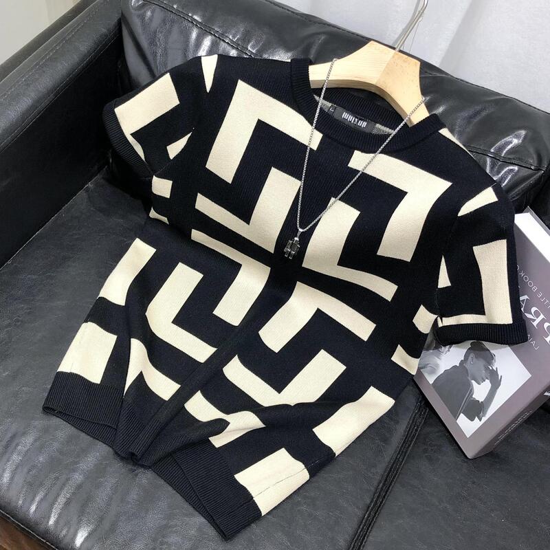Spring and Autum Geometric Pattern Bottoming Shirt Men's Slim Casual Trbottomy Brand Short-Sleeved Knitted Top Summer T-Shirt for Men Spring and Autum Geometric Pattern Bottoming Shirt Men's Slim Casual Trbottomy Brand Short-Sleeved Knitted Top Summer T-Shirt for Men