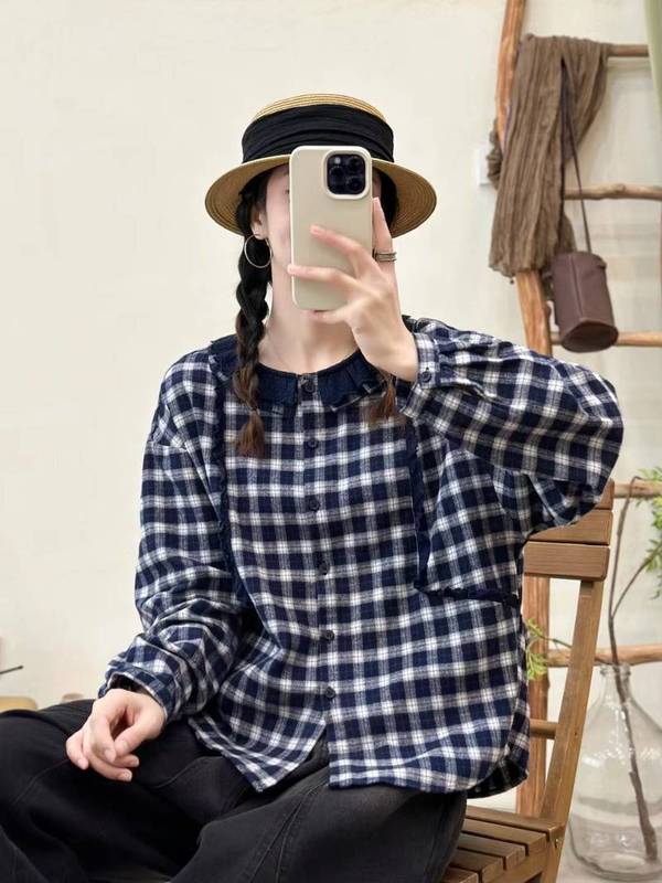 日系森女格子印花蕾丝花边翻领女士开衫长袖衬衫批发潮|undefined