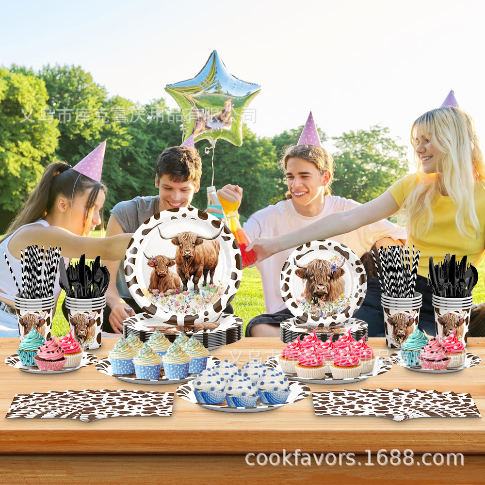 Amazon Highland Cow Theme Bandeja de papel vaso de papel toalla de papel juego de vajilla vaca marrón fiesta de cumpleaños suministros de decoración