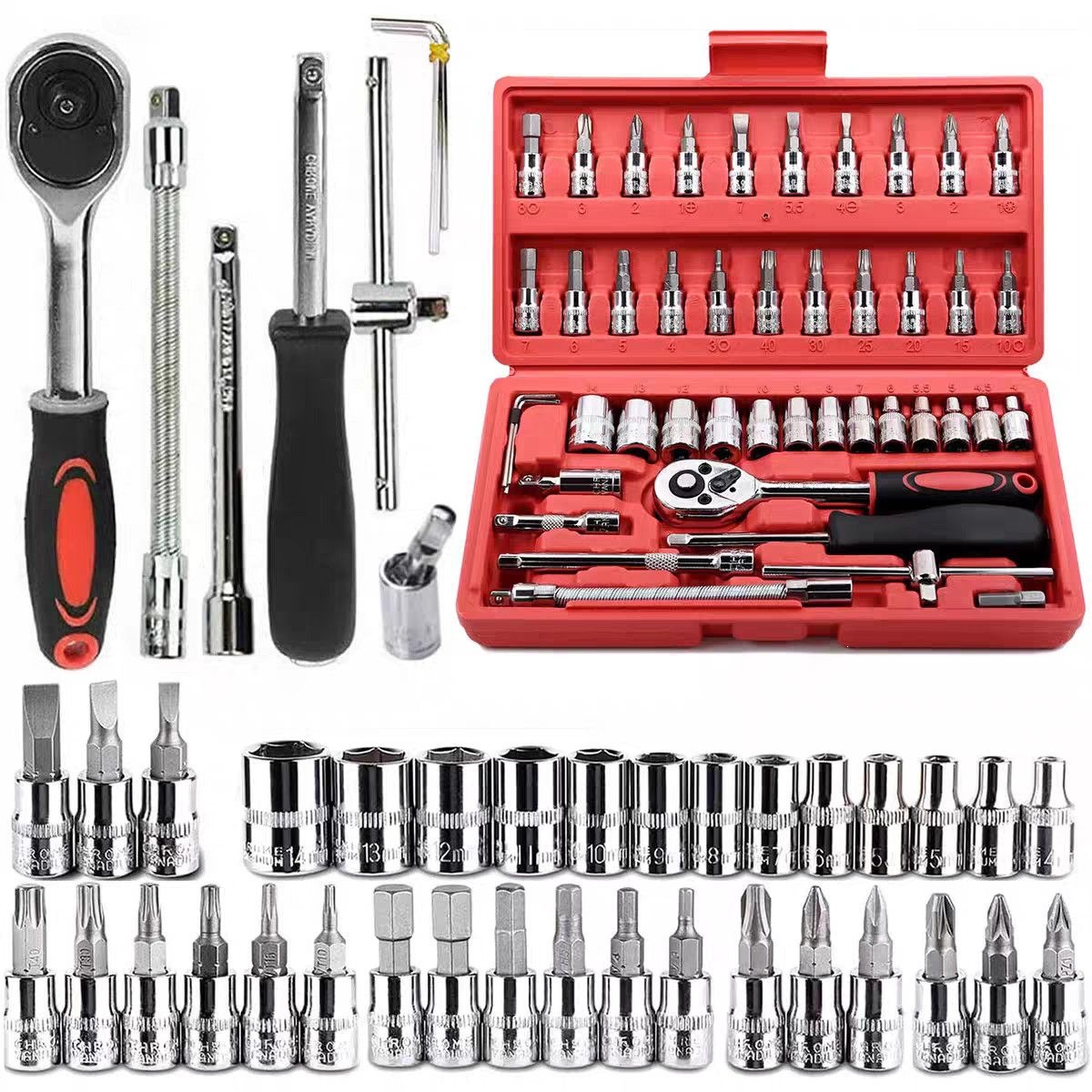 46-piece small ratchet wrench repair tool set, including socket wrenches and screwdrivers, for car repair and household appliance maintenance
