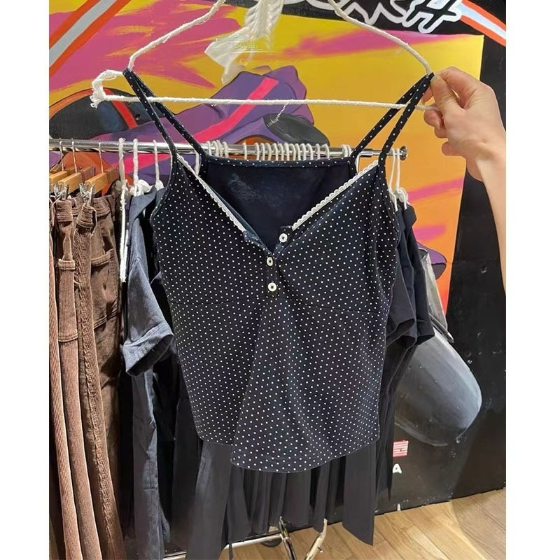 BM Style American Style Retro Summer Lacy Collar Button Polka Dot Sling Bm High Waist Sleeveless Inner Vest Trendy Women's Top BM Style American Style Retro Summer Lacy Collar Button Polka Dot Sling Bm High Waist Sleeveless Inner Vest Trendy Women's Top