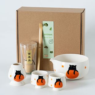 Cute Style Hand-Painted 6-Piece Cartoon Cat Ceramic Matcha Bowl with Spout Set Song Dynasty Tea Making Tools Cross-Border Dropshipping