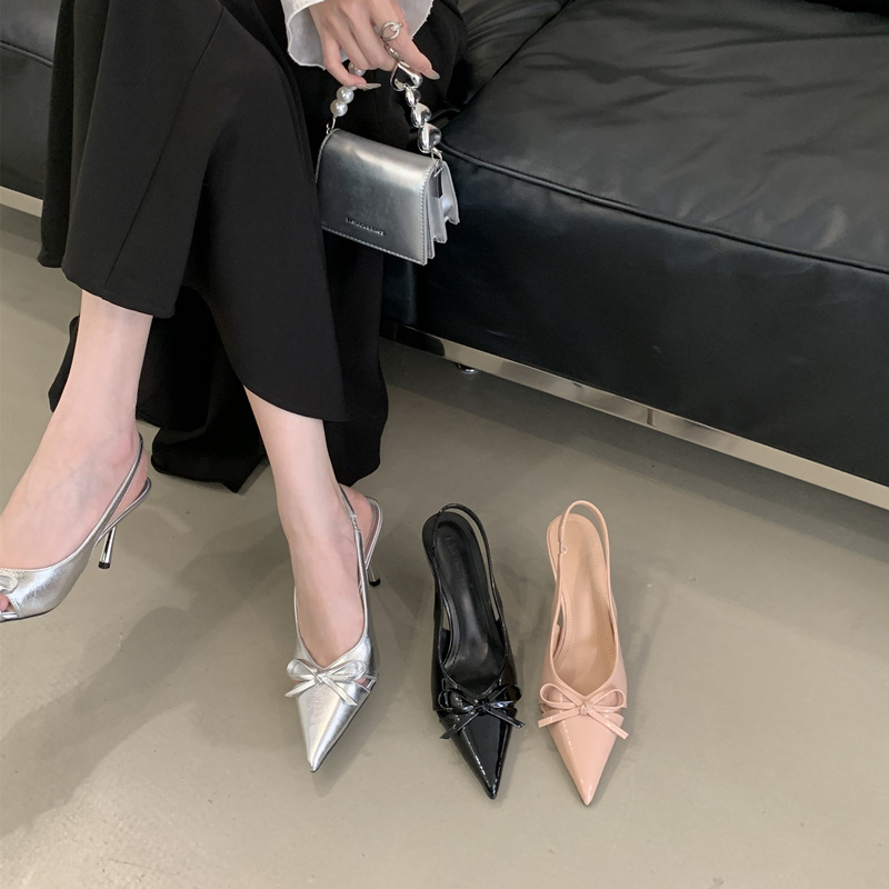 Pointed-Toe Bowknot Shallow-Mouth Stiletto Heeled Mules for Women, 2026 Spring/Summer High-Heeled Single Shoes with Back Strap
