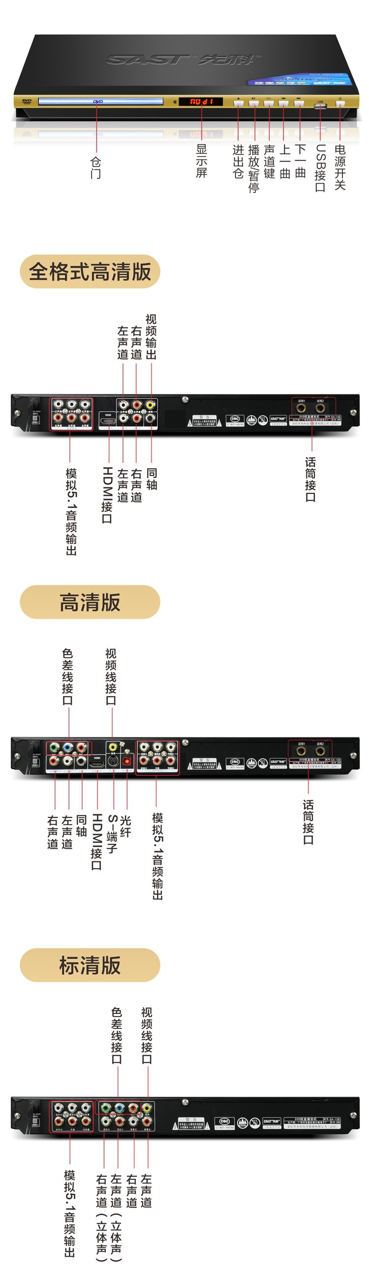SAST/139 New Model DVD Player High-Definition EVD Disc Player Bluetooth CD Player with USB Drive