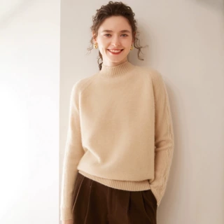绞花设计纯色山羊绒针织衫女半高 插肩袖毛衣 优雅通勤百搭打底