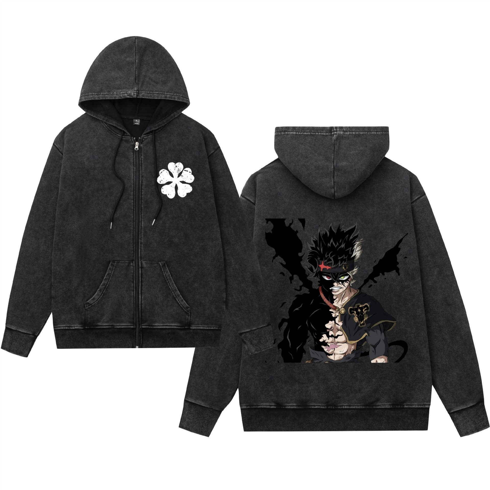 Comercio exterior lavado y desgastado suéter retro con capucha cremallera trébol de cuatro hojas negro estampado hombres y mujeres