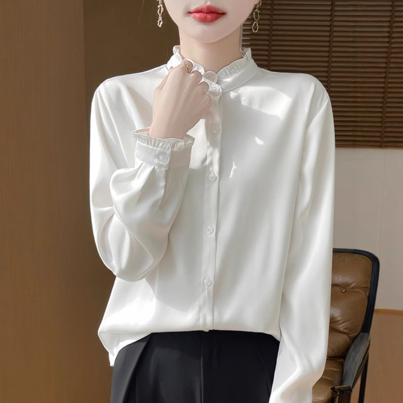 2025 Spring New Arrival Light Luxury Texturous Satin Lace Mb-high Collar Shirt Women's Elegant Elegant Age-reducing All-match Top