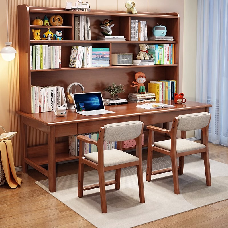 Solid Wood Double Desk with Bookshelf Integrated for Home Use, Student Writing Desk, Children's Study Desk, Bedroom Computer Desk with Drawers