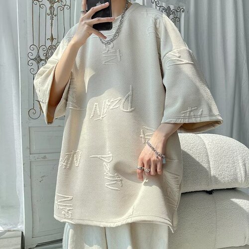 Summer full print letter casual crew neck short sleeve t-shirt for men trendy brand casual heavy weight plus size base shirt white t-shirt