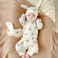 ins風新生兒夏季超薄純棉連體衣嬰兒護肚長袖和尚服寶寶無骨空調