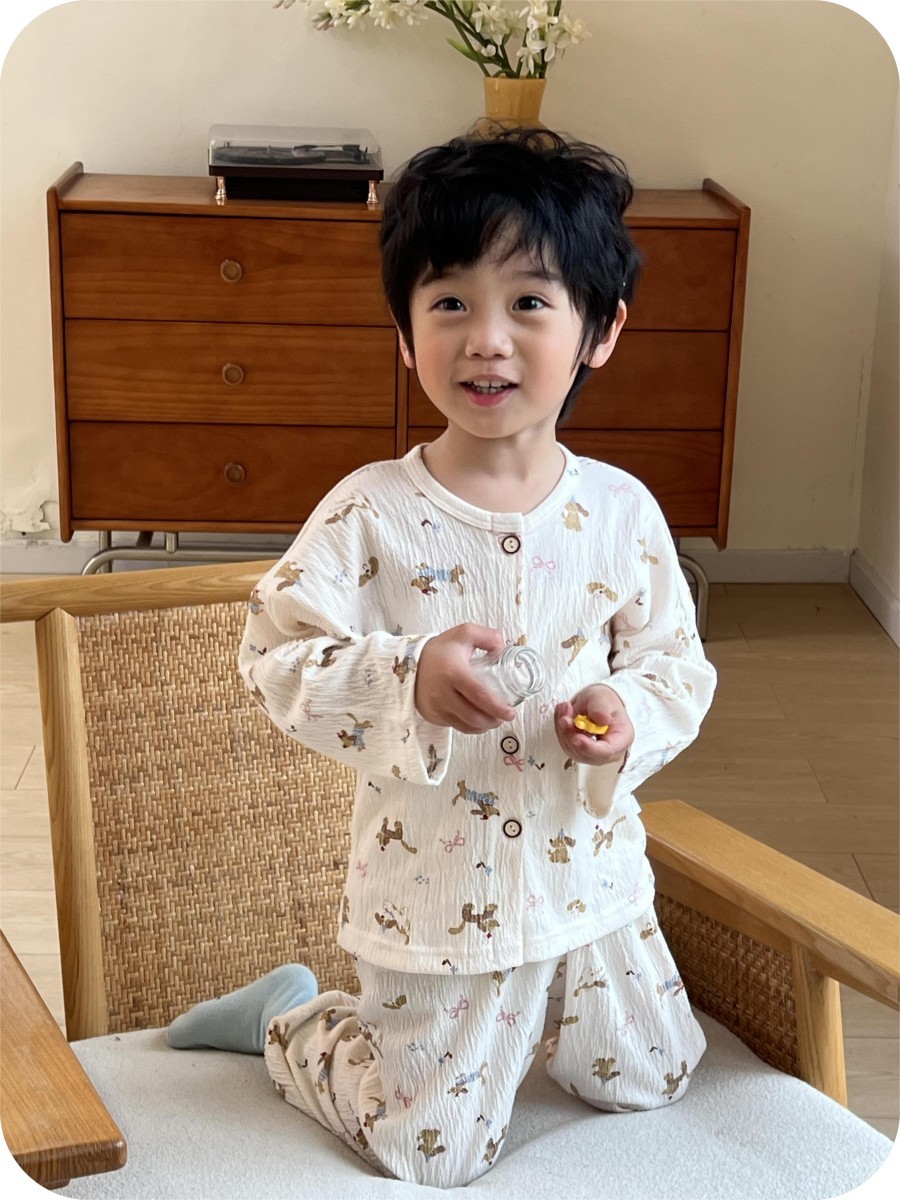 Cardigan de primavera para niños, set de algodón elástico coreano lindo ropa de aire acondicionado, pijamas de encaje, ropa para el hogar para bebés