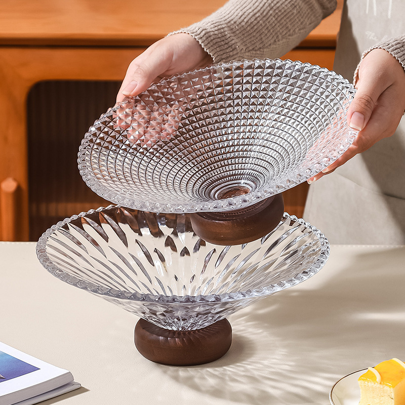 無垢材ベースのフルーツプレート、リビングルーム、家庭用ハイエンドガラスフルーツプレート、フロントデスクキャンディスナックディスプレイプレート、ハイフットホルダー|undefined