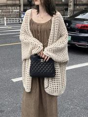 慵懒风网格镂空针织开衫蝙蝠衫外套女春秋新款宽松上衣披肩空调衫