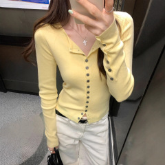 设计感慵懒风黄色单排扣长袖针织衫女秋季百搭修身显瘦休闲上衣服