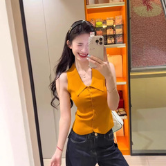 レトロオレンジポロカラーノースリーブニット Tシャツ女性の夏スリムフィットショートスタイルラペルベストトップ