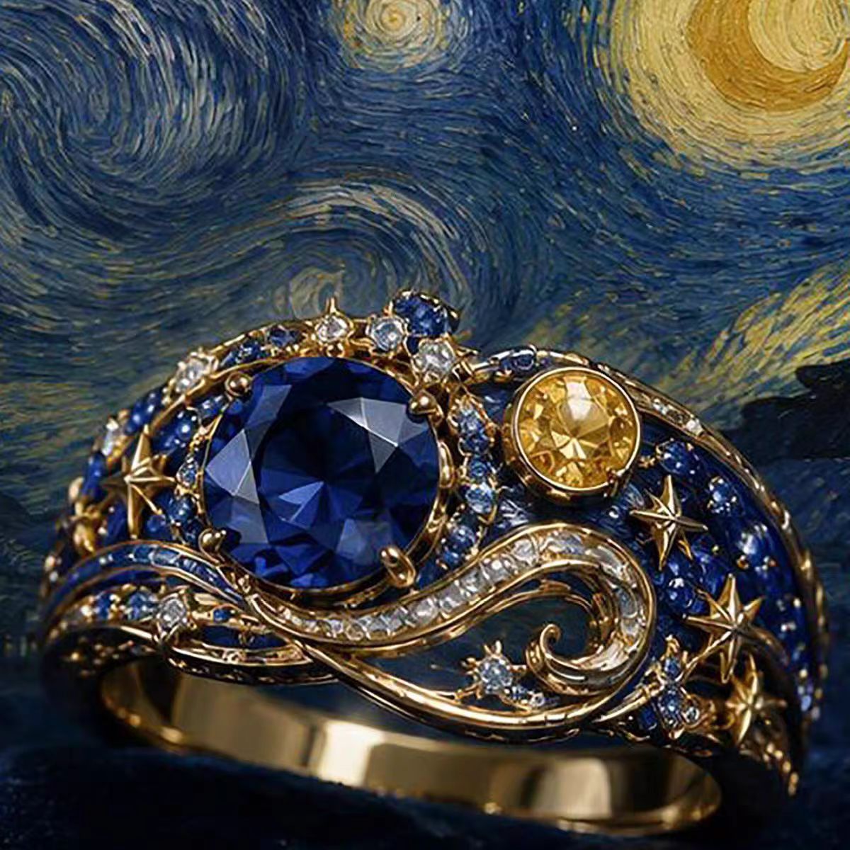 【Night Sky Dream】Van Gogh's Starry Night painting-inspired ring with sparkling diamonds and a starburst swirl pattern, high-end index finger ring