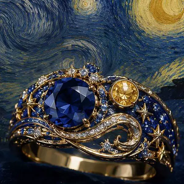【Night Sky Dream】Van Gogh's Starry Night painting-inspired ring with sparkling diamonds and a starburst swirl pattern, high-end index finger ring