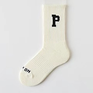High Waist All-match Sports Socks ins Trendy Super Popular Simple Rice White Sports Mid-length Barrel P-shaped Socks Korean Style Warm Stockings